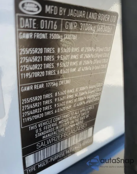 2016 Land Rover Range Rover Sport Sc из США, поврежденный, VIN SALWR2EF6GA574351